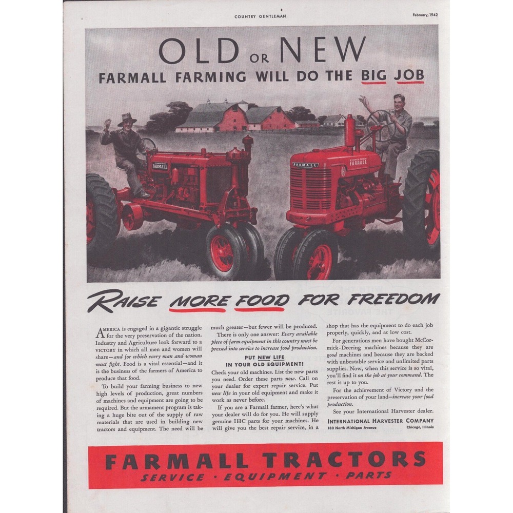 Vintage 1942 Farmall Tractors International Harvester Print Ad Country Gentleman